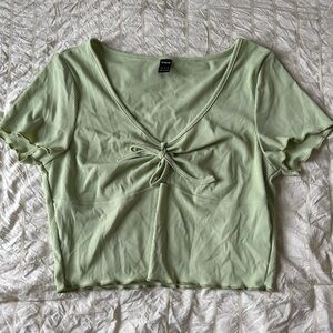 Green Ribbed Tie-Front Top